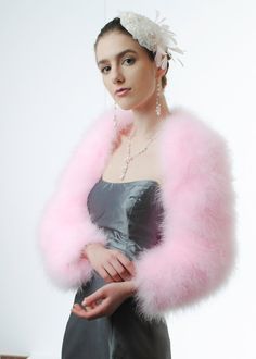 "Pink marabou bridal shrug/ bolero jacket with bracelet length sleeves. It can serve both as memorable fashion statement and as functional accessory on some of your special day. That is an absolute pleasure to put over your shoulders, this little shrug to keep you warm, to accent your plunging neckline... On the pictures are shown in snow white colors This Collection is made from natural marabou feather, fully lined with 100%silk; Size XS-S: 38\"-39\" around shoulders Size M-L: 42\"-43\" around Elegant Pink Outerwear For Wedding, Blue Shrug, Bridal Shrug, Wedding Shrug, Shrugs And Boleros, Pink Bridal, Bolero Jacket, Functional Accessories, Fashion Studio