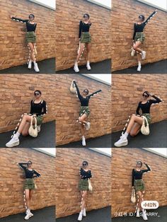 the woman is posing in front of a brick wall with her arms outstretched and legs crossed