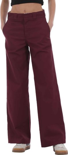 Dickies brought it back to the 1940s and 1950s in these retro workwear-inspired Wide Leg Work Pants. With a modern silhouette, a high rise, and a hook and eye closure, you will be left feeling nostalgic. Burgundy Cotton Wide Leg Pants, High Waist Burgundy Cotton Pants, Burgundy Cotton Pants For Work, Burgundy Workwear Bottoms With Pockets, Purple Workwear Pants With Belt Loops, Purple Work Pants With Belt Loops, Burgundy Wide Leg Pants For Fall Workwear, Dickies Women, Leg Work