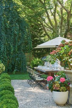 an outdoor dining area with potted plants and chairs