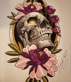 a drawing of a skull with flowers around it