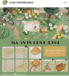 an advertisement for a sewing project with pictures of flowers and animals in the grass,