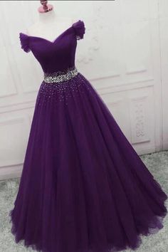 Off the Shoulder Dark Purple Long Prom Dress with Beadings, Off Shoulder Purple Formal Graduation Evening Dress Dark Purple Gown, Purple Ball Gown, Purple Tulle, Purple Prom, Purple Gowns, Junior Prom Dresses, Purple Prom Dress