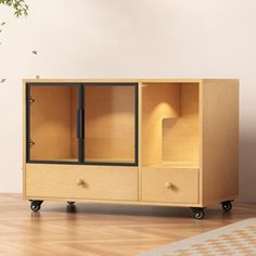 a wooden cabinet sitting on wheels in a room