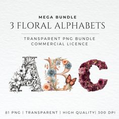 three floral alphabets with the letters abc and c in different colors, including flowers