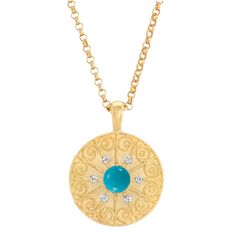 This gold medallion captures the romance and old-world charm of a tiny Spanish hill town in La Rioja, Spain. It features a turquois cabachon surrounded by six diamonds. Each medallion necklace is made from recycled gold and is hand finished. Gold Diamond Necklace With Cabochon, Luxury Cabochon Medallion Necklace, Yellow Gold Medallion Necklace With Cabochon, Turquoise Medallion Necklace Engraved, Yellow Gold Cabochon Medallion Jewelry, Luxury Cabochon Medallion Jewelry, Heirloom Style Cabochon Necklace With Round Pendant, Heirloom Necklace With Round Cabochon Pendant, Heirloom Style Cabochon Round Pendant Necklace