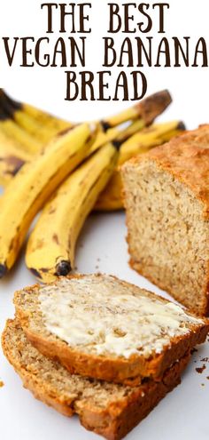 the best vegan banana bread is cut in half and sitting next to some bananas