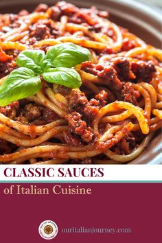 the cover of classic sauces of italian cuisine, with spaghetti and basil on top