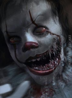 a creepy clown with blood on his face and mouth