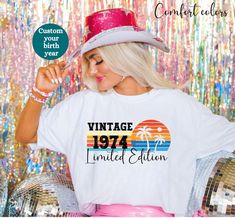 Celebrate in style with our Vintage 1974 Limited Edition Shirt! Customize it for your birthday party with our personalized group T-shirt option, perfect for you and your squad. Whether it's for a special gift or to unite your crew, our shirts are the perfect choice. Make your celebration unforgettable--get yours today! About Our Product: ⭐ 1. Comfort Colors 1717 Garment-Dyed Shirt Details: Made with 100% ring-spun U.S. cotton (6.1 oz/yd softened for comfort. Double-needle stitching for durabilit Vintage White T-shirt For Birthday, Retro White T-shirt For Birthday, White Retro T-shirt For Parties, Limited Edition Shirt, Team Shirts, Prism Color, Personalized Shirts, Personalized Birthday, Unisex Shirt