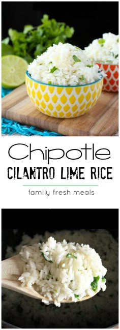 three different pictures with rice in them and the words chipotle, clamtro lime rice