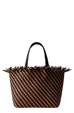 A woven construction and roomy interior bring signature appeal to a boho-inspired tote featuring an unfinished topline. Magnetic-snap closure Top carry handles Removable zip pouch Unlined Synthetic Imported Woven Top Handle Beach Bag, Chic Woven Leather Top Handle Beach Bag, Woven Top Handle Beach Bag For Shopping, Chic Basket Shoulder Bag With Intrecciato Weave, Black Woven Hobo Bag With Top Handle, Black Woven Top Handle Hobo Bag, Woven Leather Basket Bucket Bag For Shopping, Basket-shaped Woven Leather Bucket Bag For Shopping, Chic Handwoven Hobo Tote Bag