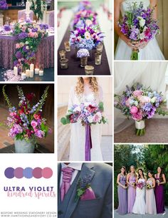 a collage of photos with purple and pink flowers in vases, bridesmaid dresses, and bouquets