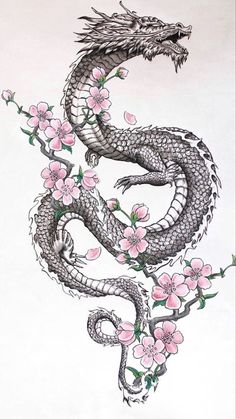 a drawing of a dragon with pink flowers on it's body and its tail