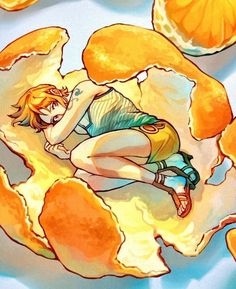 a drawing of a woman laying on top of peeled oranges