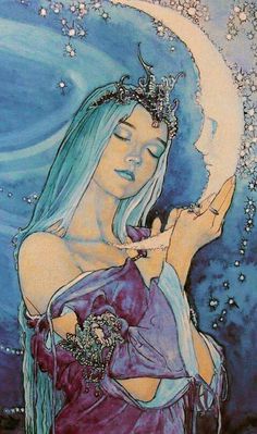 a woman with her eyes closed in front of the moon and stars above her head