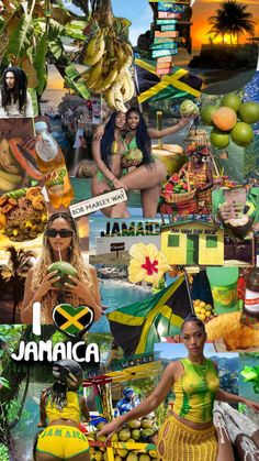 jamaica collage with various pictures and captions to describe the country's flag