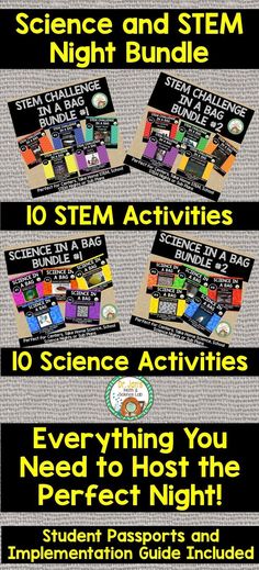 Jun 15, 2020 - This bundle includes everything you need to have the BEST Science and STEM night EVER!! These school-wide events encourage families to join forces with their kids and enjoy some engaging science and STEM activities. I purposefully chose inexpensive and easy to access materials, many of which can b... Science Board, Science Boards, Teacher Created Resources, Stem Challenges, Stem Science