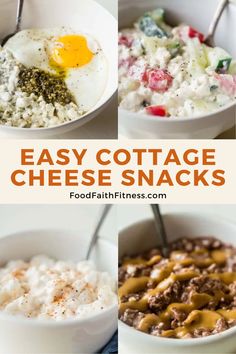 easy cottage cheese snacks in bowls with eggs and other toppings on top, including rice