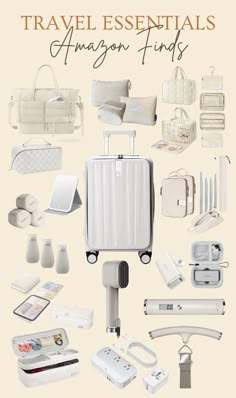 an assortment of travel essentials arranged on a white background with text overlay that reads, travel essentials amazon finds