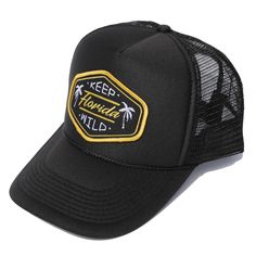 Keep Florida Wild! Sunshine State® is dedicated to keeping Florida wild by donating part of our proceeds to the Florida Wildlife Corridor. - Embroidered patch on 5 panel adjustable foam trucker hat. Black Letter Print Snapback Trucker Hat, Black Trucker Hat With Logo Patch And Flat Brim, Black Snapback Trucker Hat With Letter Print, Black 5-panel Trucker Hat With Letter Print, Black Trucker Hat With Letter Print For Outdoor, Black Trucker Hat With Letter Patch For Streetwear, Black Trucker Hat With Letter Patch And Curved Brim, Black Trucker Hat With Curved Bill And Embroidered Patch, Black Snapback Trucker Hat With Logo Patch