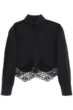 A1189 BURBERRY  CROPPED SHIRT WITH MACRAME LACE INSERT Macrame Lace, Burberry Tops, Burberry Shirts, Burberry Shirt, Shirt With Lace, Cropped Shirt, Cotton Poplin Shirt, Burberry Women, Collar Designs