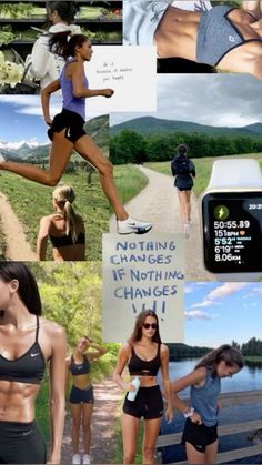 a collage of photos with women running, jogging and texting on their cell phones