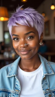 23 Vivid Hair Color Ideas for Short, Long, and Pixie Cuts: Bold Hues and Placement Inspiration Pastel Purple Hair Short, Hair Color Pastel Purple, Light Purple Short Hair, Short Purple Hair Pixie, Short Lavender Hair, Pastel Pixie Hair, Dyed Pixie Cut, Purple Pixie Cut