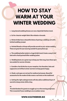 the instructions for how to stay warm at your winter wedding