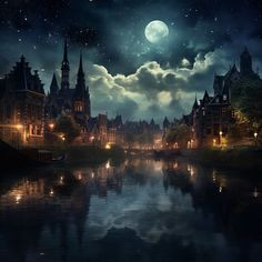 an image of a night scene with the moon in the sky and buildings on the water