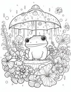 a frog sitting under an umbrella in the rain with flowers and butterflies around its feet