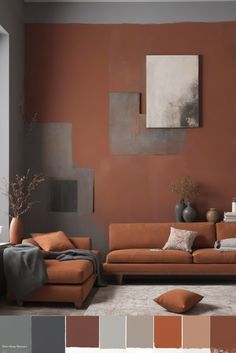 a living room filled with furniture and lots of different color samples on the walls in front of it