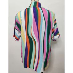 Green Striped Print Pullover Short Sleeve Shirt Multicolor Crew Neck Shirt For Vacation, Striped Crew Neck Tops For Vacation, Striped Collared Beach Top, Trendy Multicolor Relaxed Fit Tops, Striped Collared Tops For Beach, Trendy Multicolor Crew Neck Blouse, Striped Collared Top For The Beach, Trendy Striped Collared Top, Retro Relaxed Fit Multicolor Blouse