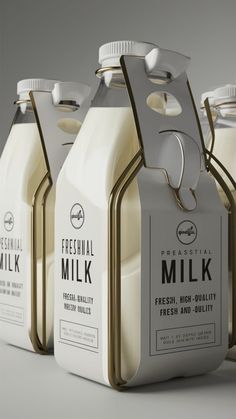 three bottles of fresh milk are shown in this 3d rendering, one is white and the other is brown