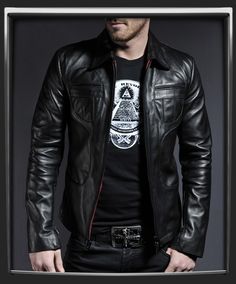 100% Black Italian nappa leather      Waist length jacket      Luxury black cotton lining      Two interior pockets      Authentic chest pockets      Contrasting red leather interior zipper detail      Model has 40 inch chest, wearing size Medium for a vintage slim fit    £335.00 Jaket Motor, Fitted Biker Jacket, Lambskin Leather Jacket, Leather Jacket Outfits, Men's Leather Jacket, Real Leather Jacket, Jackets Men Fashion, Genuine Leather Jackets, Leather Motorcycle Jacket