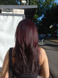 Dark Red Hair On Brunettes, Dark Red Velvet Hair, Asian Cherry Red Hair, Dark Red Hair Layers, Dark Red Asian Hair, Dark Cherry Coke Hair, Dark Hair With Red Tint, Burgundy Hair Asian, Berry Brown Hair Color