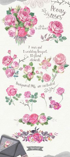 some pink roses and other flowers on a white background with the words pretty roses written below them