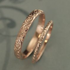 10K Gold Wedding Rings 10K Wedding Set Flourish and Rococo Patterned Bands His and Hers Rings Rose Gold Mens Band Womens Wedding Ring Set What a lovely setThe thinner band is our Rococo in the Disco designand the wider ring is our Flourish BandBoth of these designs will be cast in our studio using the lost wax method in your choice of 10K roseyellowor white goldPlease let us know your preferred gold color in the note to seller box provided during checkoutIf a preference isn't noted 10k Wedding, Womens Wedding Ring Sets, His And Hers Rings, Rings Rose Gold, Gold Wedding Bands, Rings Ideas, Ring Rosegold, Celtic Wedding Rings, Celtic Wedding