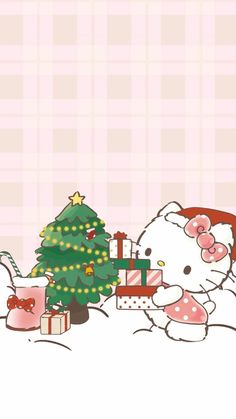 a hello kitty wallpaper with a christmas tree and presents