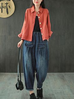 Sku CY-!64419 Material Denim , >50%Cotton Style Loose , Wide Leg , Harem pants Feature Elasticity Occasion Original Creation , Leisure Fashion Seasons Spring , Autumn Type Jean Pants Bottoms Color SAME AS PICTURE Size FREE SIZE Model's weight:55kg Model's height:165cm（64.96 inches) Please consult the size chart we provide for this item's measurements to help you decide which size to buy.Please note: There may be 1-3cm differ due to manual measurement.CMINCH Waist Hips Thigh Leg Opening Length FREE SIZE 67-104 132 79 35 89 Dark Wash Bottoms With Pockets For Fall, Baggy Button Closure Jeans For Fall, Casual Fall Jeans With Patch Pockets, Baggy Jeans With Button Closure For Fall, Fall Bottoms With Pockets In Medium Wash, Fall Medium Wash Bottoms With Pockets, Casual Baggy Bottoms With Button Closure, Baggy Cotton Jeans With Button Closure, Medium Wash Pants With Patch Pockets For Fall