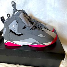 New, Never Worn Jordan True Flight Gg, Size 9y. Grey/ Pink/White. Gray And White Jordans, Jordan True Flight, Pink Jordans, Grey Jordans, Jordan Grey, White Jordans, Jordan 7, Womens Jordans, Newest Jordans