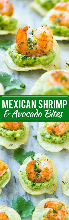 mexican shrimp and avocado bites on tortillas with cilantro sauce