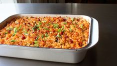 a casserole dish is sitting on a table