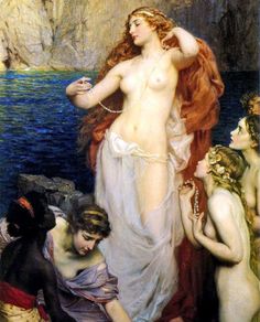 an image of a woman with many other women around her by the water's edge