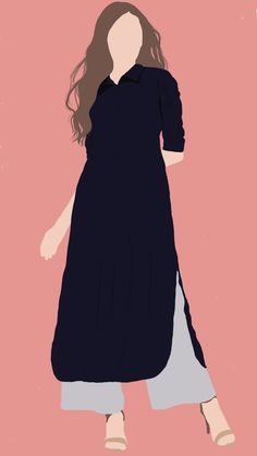 a drawing of a woman in a black dress with long hair, standing against a pink background