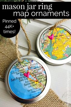 two mason jar ornaments with the words mason jar and map ornaments