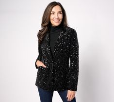 Shimmery, velvety, and beautifully crafted, this sequined blazer is right at home on the red carpet -- or any event you're attending! Also fabulous with jeans when you're going for a low-key glam vibe. From the Joan Rivers Classics Collection®.\n\nOriginal item is A623951. This product may be a customer return, vendor sample, or on-air display and is not in its originally manufactured condition. It may not be new. In some instances, these items are repackaged by QVC. Velvet Knit, Sequin Blazer, Boyfriend Blazer, Joan Rivers, On The Red Carpet, Black Xs, Blazer Fashion, The Red Carpet, Black Blazers