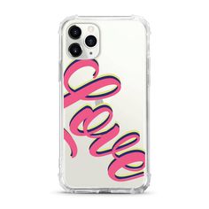 an iphone case with the word love in pink and yellow on it's back