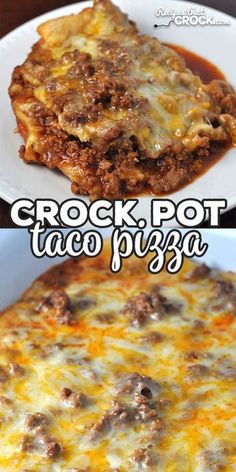 two pictures of different types of food on plates with the words crock pot taco pizza