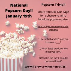 a pink background with popcorn and the words national popcorn day january 19th